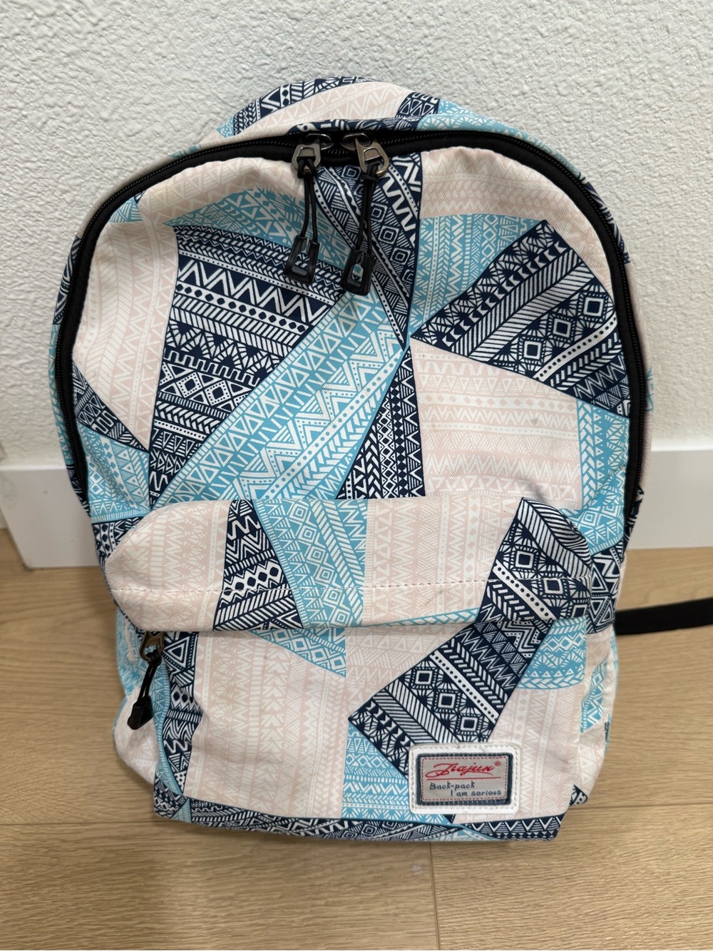 Geometric Tribal Print Backpack Blue Tan Navy Boho School Travel Bag